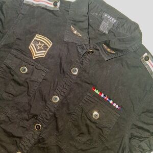 Voice Short Sleeve Top Military Embellished Button Down‎ Black Shirt
